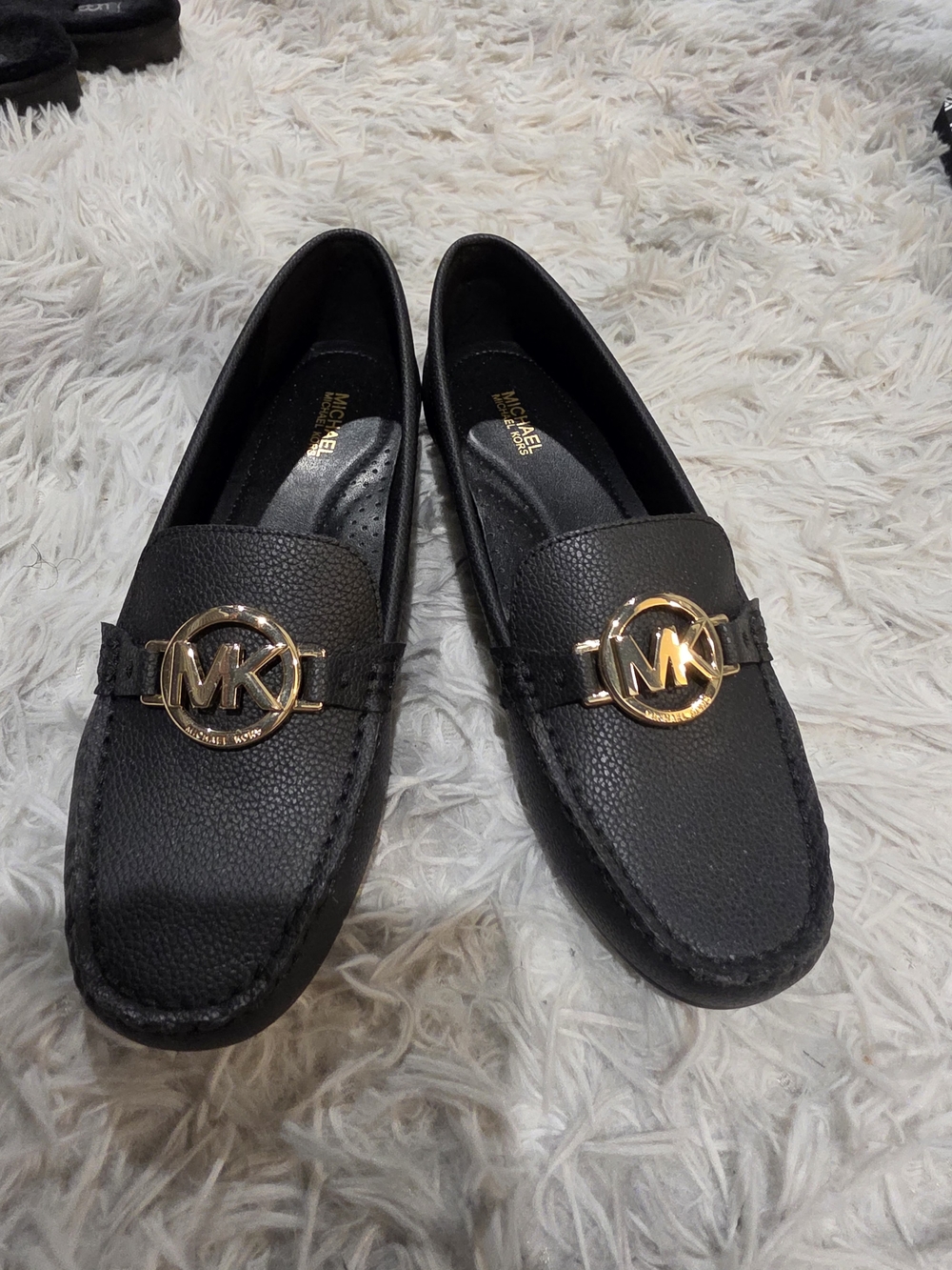 Michael Kors Black Leather Loafers with Gold MK Emblem